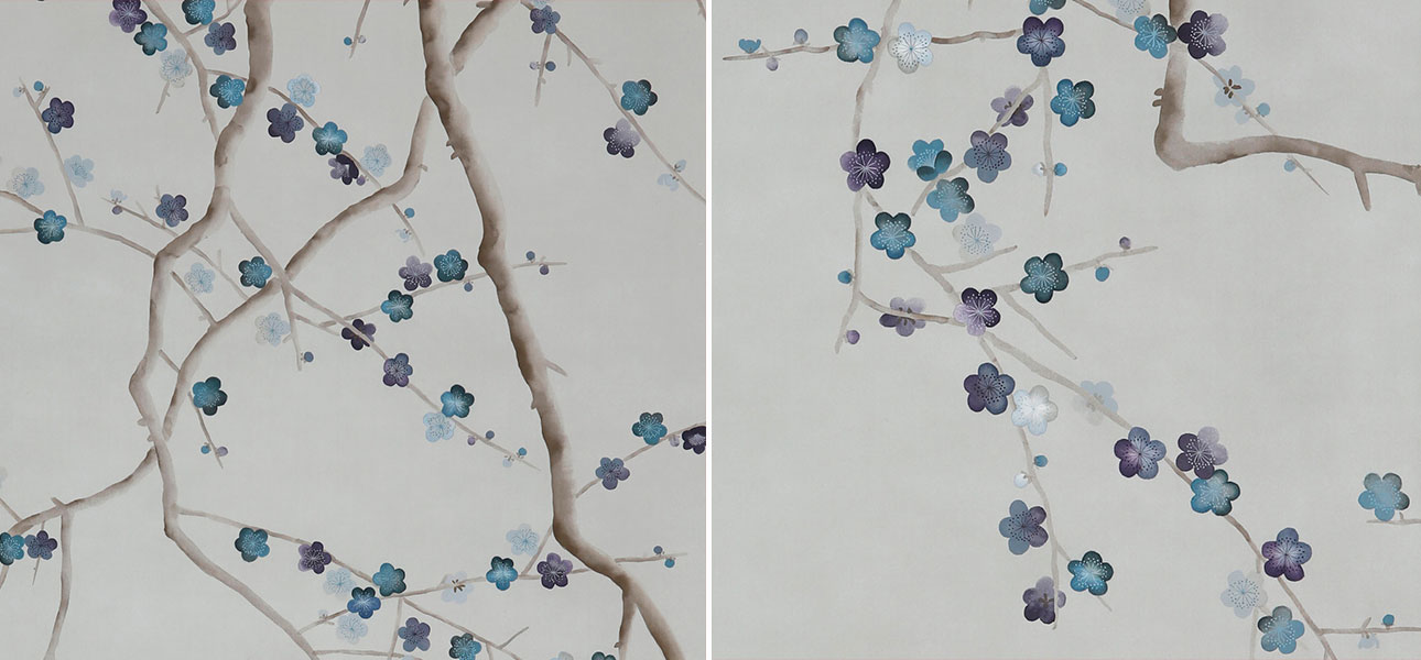 Обои ручная роспись Plum Blossom Colourway SC-81 on Oyster Shell metallic silk - фото
