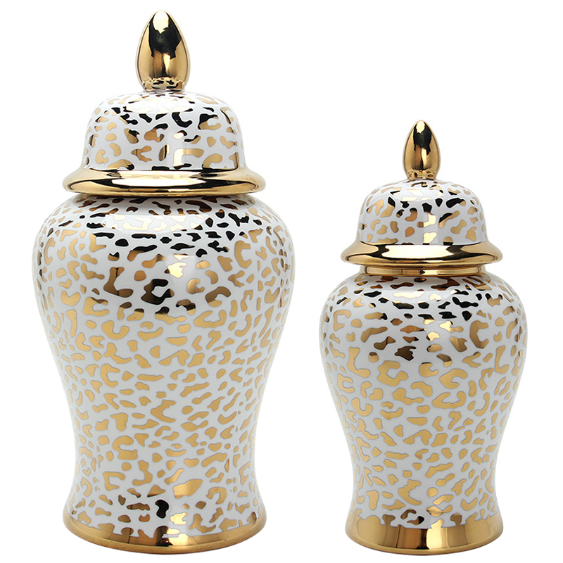 Ваза с крышкой Leopard Print Gold Vase Белый Глянцевое золото в Омске | Loft Concept 