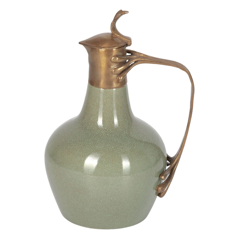 Кувшин зеленого цвета из фарфора с бронзовой крышкой и изогнутой ручкой Eden Garden porcelain and bronze Зеленый Бронза Кувшин зеленого цвета из фарфора с бронзовой крышкой и изогнутой ручкой Eden Garden porcelain and bronze Зеленый Бронза в Омске | Loft Concept