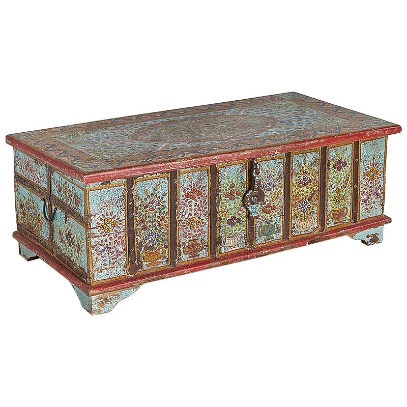 Сундук ручная роспись Pran Antique Indian Painted Chest Мульти Бирюзовый Красный в Омске | Loft Concept 