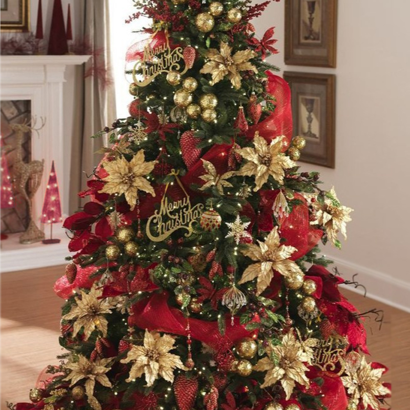 Дизайнерская Елка с Красным и Золотым новогодним декором Christmas Tree Golden Flowers Красный Золотой в Омске | Loft Concept 