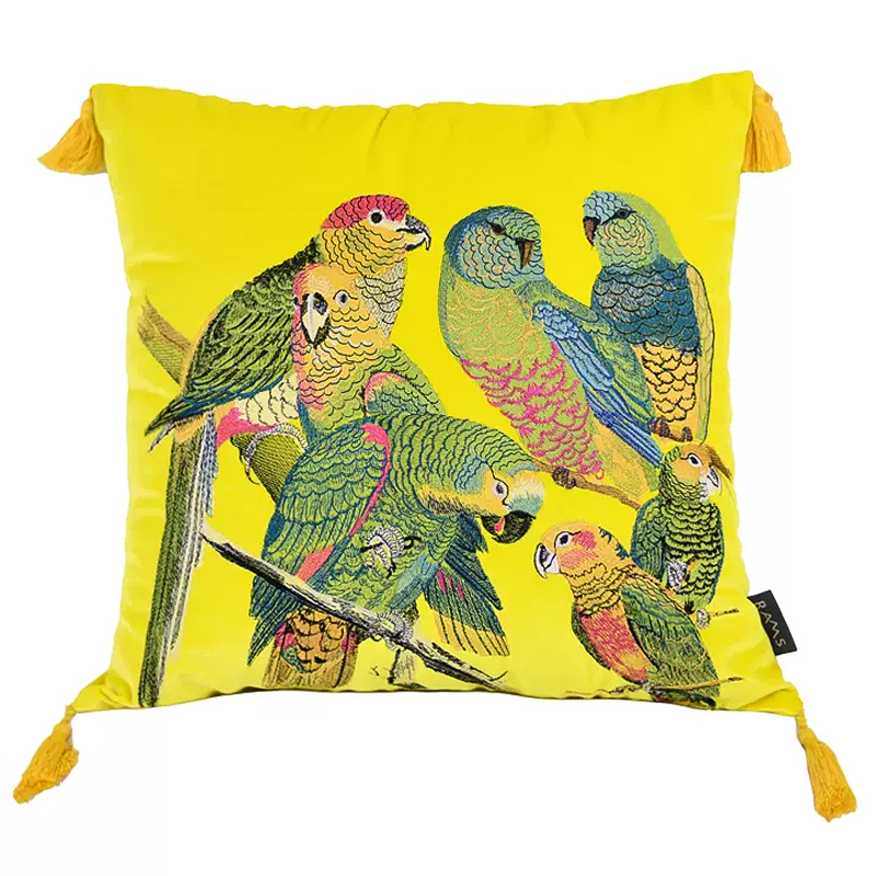 Декоративная подушка с вышивкой Embroidery Parrots Pillow Yellow Желтый Мульти в Омске | Loft Concept 