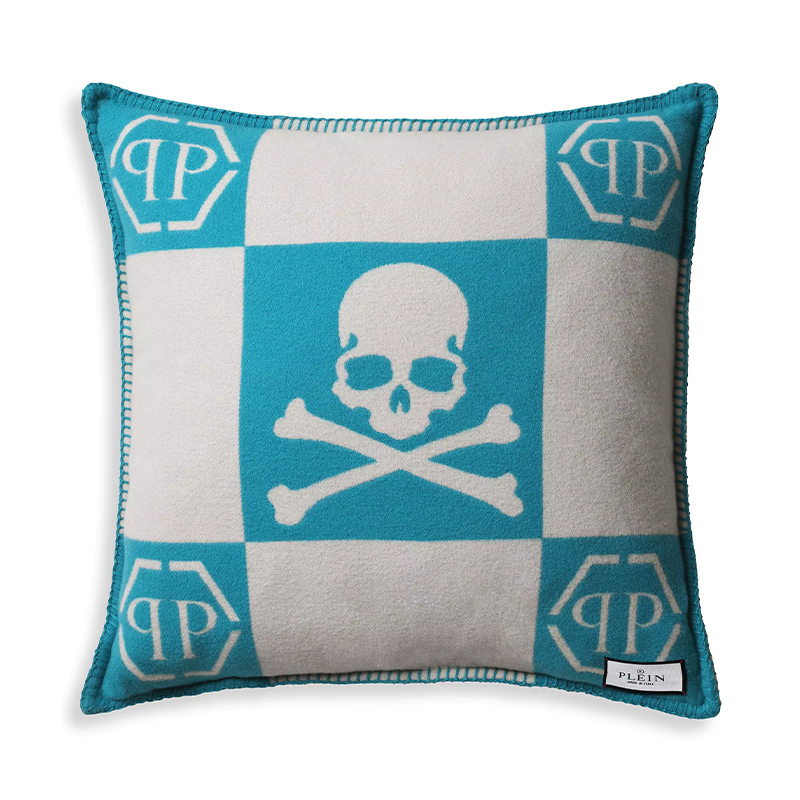 Подушка Philipp Plein Cushion Cashmere Skull 45 x 45 Голубой Белый в Омске | Loft Concept 