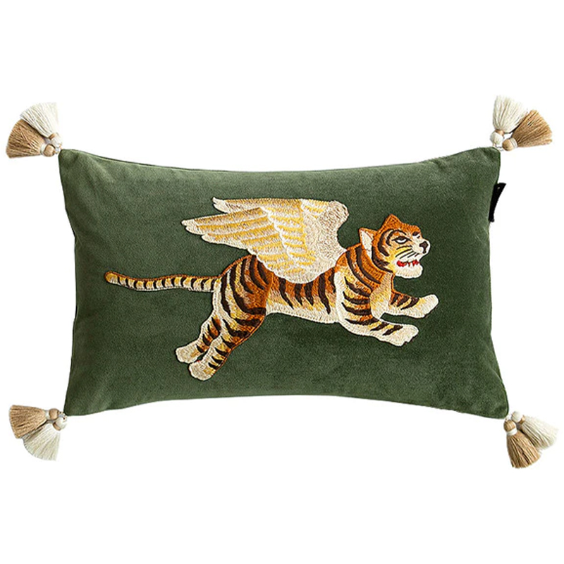 Декоративная подушка с вышивкой Стиль Gucci Winged Tiger Cushion Зеленый Оранжевый Золотой в Омске | Loft Concept 