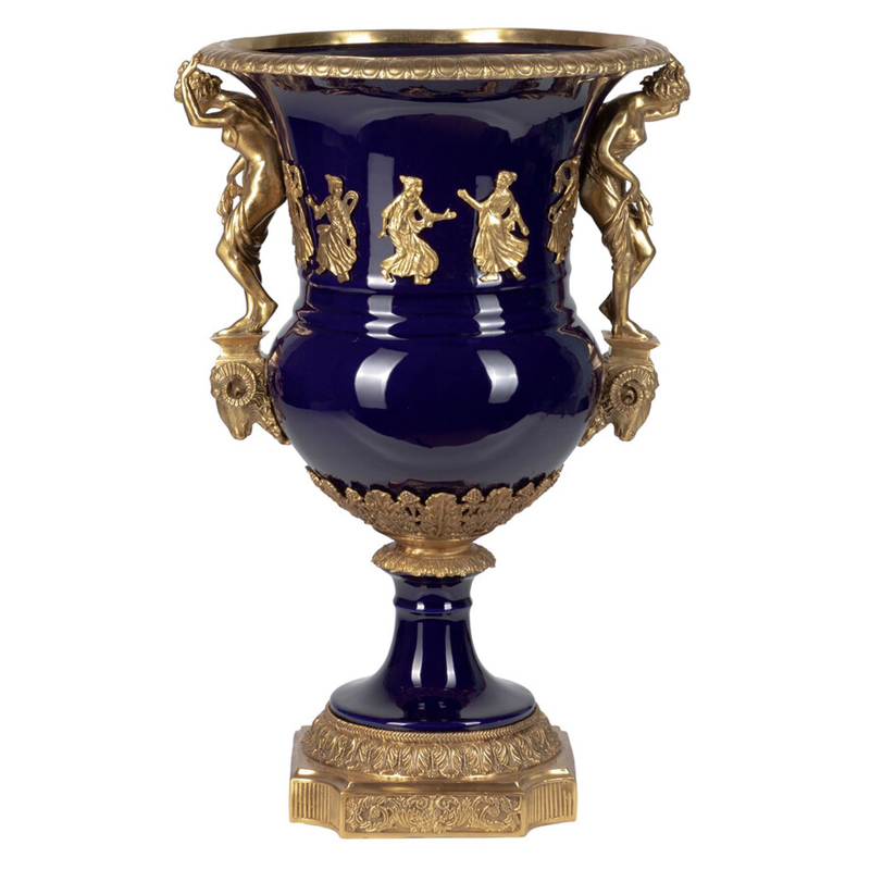 Ваза темно-синего цвета из фарфора с бронзовыми ручками в виде фигур Eden Garden porcelain and bronze Темно-синий Бронза Ваза темно-синего цвета из фарфора с бронзовыми ручками в виде фигур Eden Garden porcelain and bronze Темно-синий Бронза в Омске | Loft Concept
