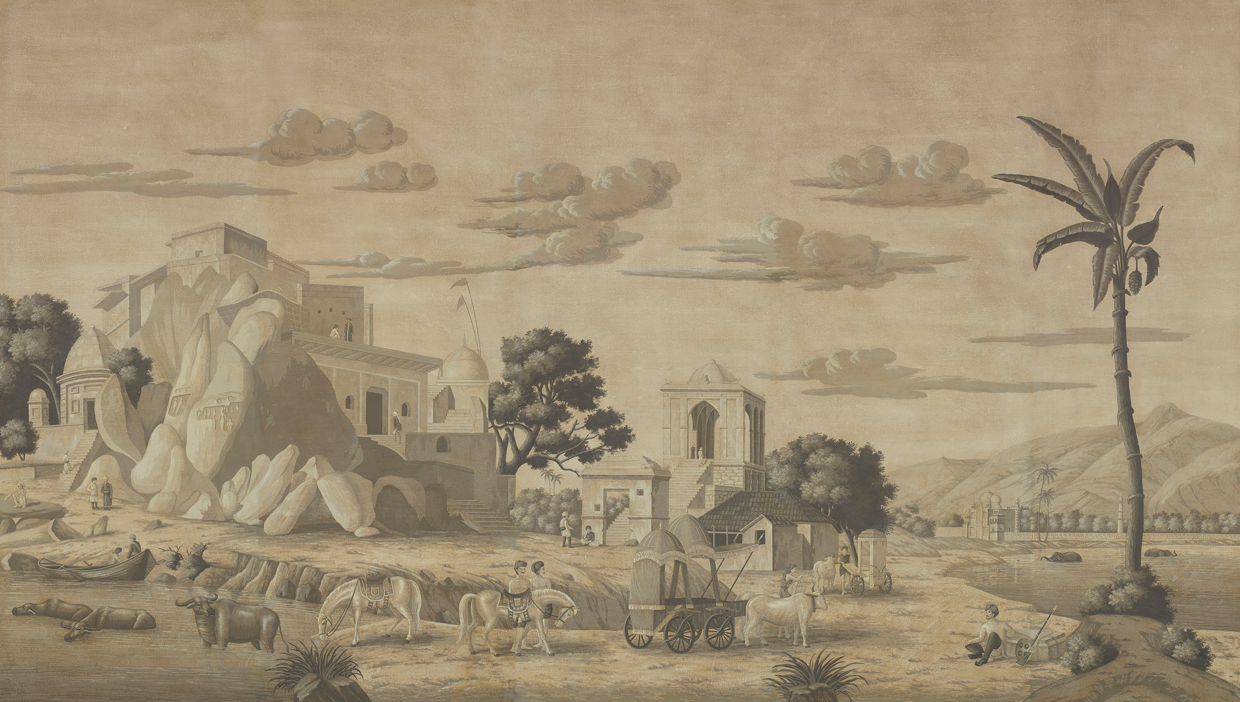Обои ручная роспись Early Views of India Eau Forte on antique scenic Xuan paper Обои ручная роспись Early Views of India Eau Forte on antique scenic Xuan paper - постер Loft-Concept в Омске