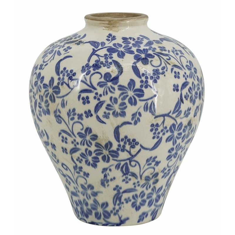 Ваза округлой формы с синим цветочным узором Blue & White Ornament Белый Синий Ваза округлой формы с синим цветочным узором Blue & White Ornament Белый Синий в Омске | Loft Concept