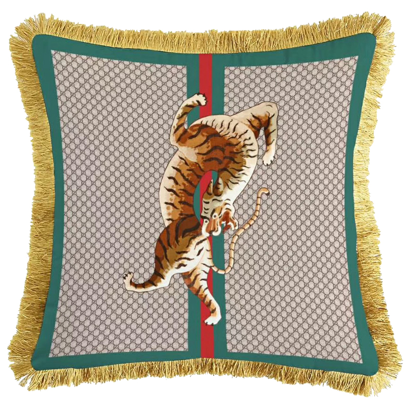 Декоративная подушка Cтиль Gucci Tiger Серый Зеленый Оранжевый Золотой в Омске | Loft Concept 