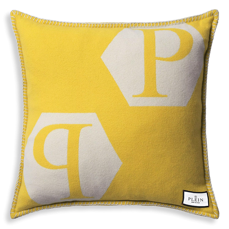 Подушка Philipp Plein Cushion Cashmere PP Logo 65 x 65 Yellow Белый Желтый в Омске | Loft Concept 