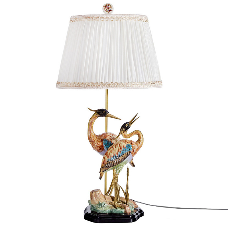 Настольная лампа с абажуром и основанием в виде двух цапель Porcelain Heron Lamp Белый Мульти Бронза в Омске | Loft Concept 