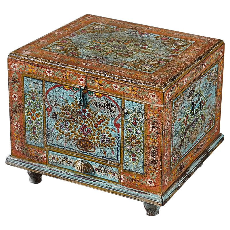 Сундук ручная роспись Harsh Antique Indian Painted Chest Мульти Бирюзовый Оранжевый в Омске | Loft Concept 