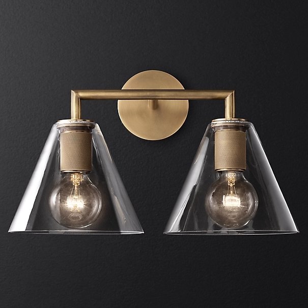 Бра RH Utilitaire Funnel Shade Double Sconce Brass Прозрачное Стекло Латунь в Омске | Loft Concept 