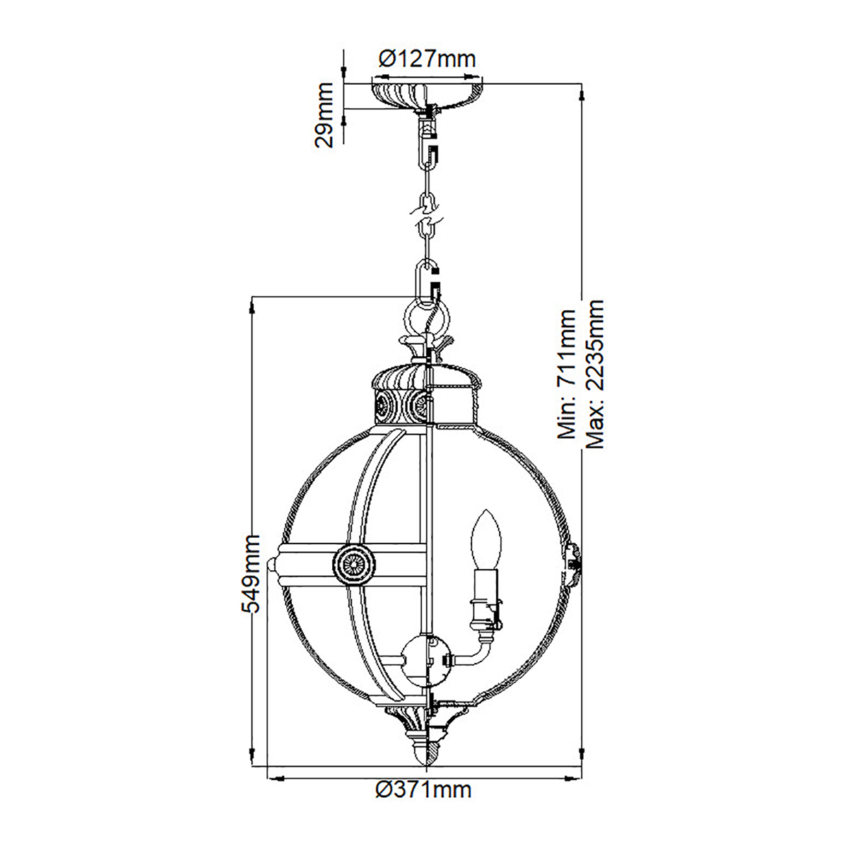 Подвесной светильник с прозрачным стеклянным плафоном в форме шара цвета никеля в индустриальном стиле на цепи 3 лампы Feiss в Омске