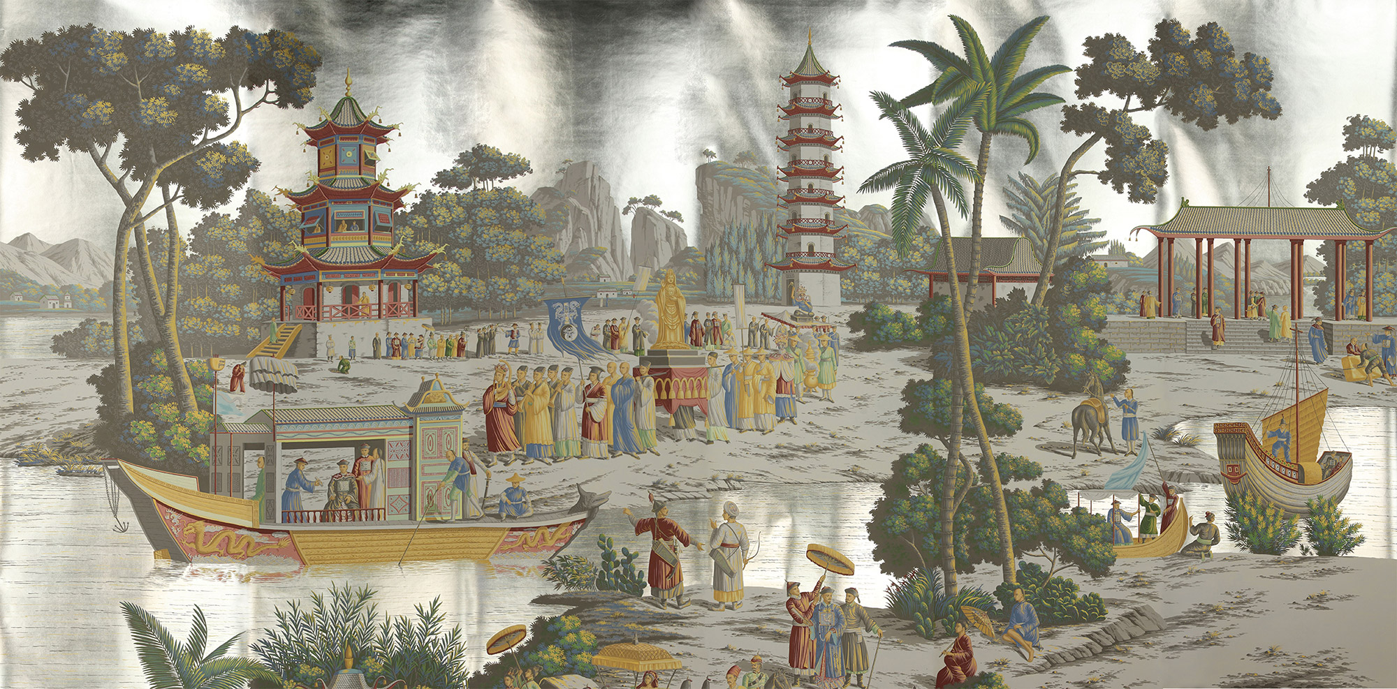 Обои ручная роспись Procession Chinoise Special Colourway on White Metal gilded paper Обои ручная роспись Procession Chinoise Special Colourway on White Metal gilded paper - постер Loft-Concept в Омске