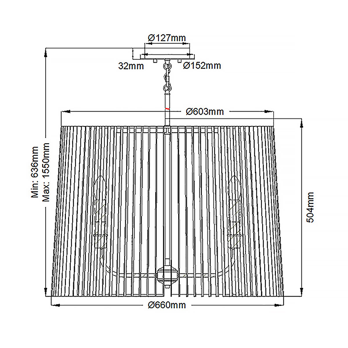 Люстра цвета латунь с 6-ю лампами свечами внутри цилиндрического абажура из черных металлических реек Kichler в Омске