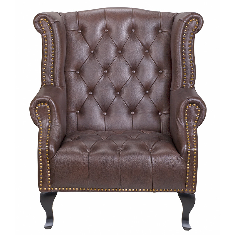 Кресло из натуральной кожи на 4-х деревянных ножках из массива бука Thomas Armchair brown Коричневый Черный в Омске | Loft Concept 