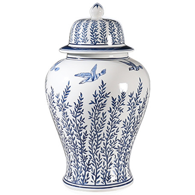 Ваза с крышкой Oriental Blue & White Flying Birds Vase Белый Синий в Омске | Loft Concept 