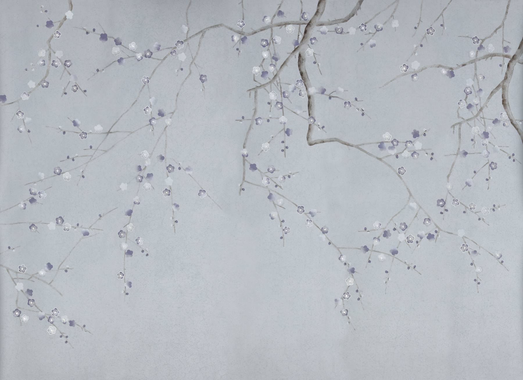 Обои ручная роспись Plum Blossom Special Colourway on Crackled Silver metallic silk Обои ручная роспись Plum Blossom Special Colourway on Crackled Silver metallic silk - постер Loft-Concept в Омске