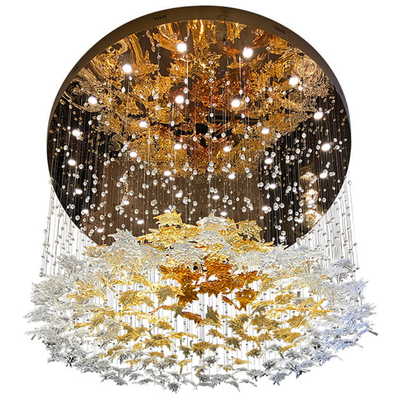 Большая круглая люстра с подвесками в виде листьев Amber Leaf Fall Light Chandelier Латунь Прозрачный Янтарный Большая круглая люстра с подвесками в виде листьев Amber Leaf Fall Light Chandelier Латунь Прозрачный Янтарный в Омске | Loft Concept