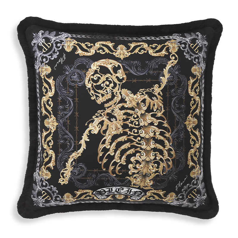 Подушка Philipp Plein Cushion Silk Skeleton 50 x 50 cm Черный Серый Золотой в Омске | Loft Concept 