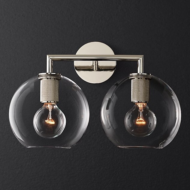 Бра RH Utilitaire Globe Shade Double Sconce Silver Прозрачное Стекло Никель в Омске | Loft Concept 