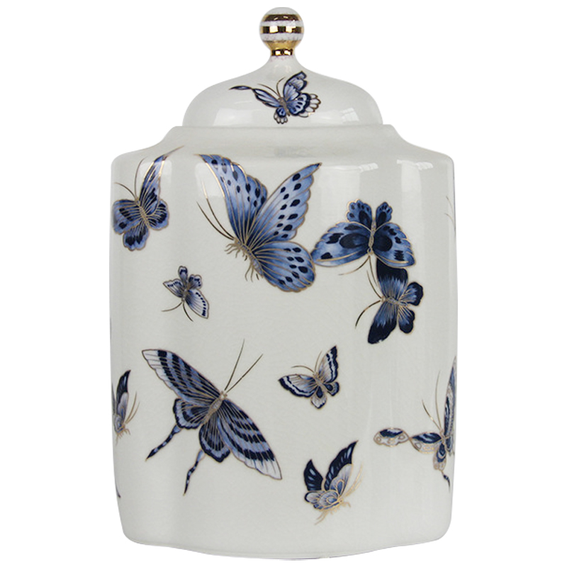 Ваза с крышкой Porcelain Butterfly Blue and Gold Vase Белый Синий Золотой в Омске | Loft Concept 