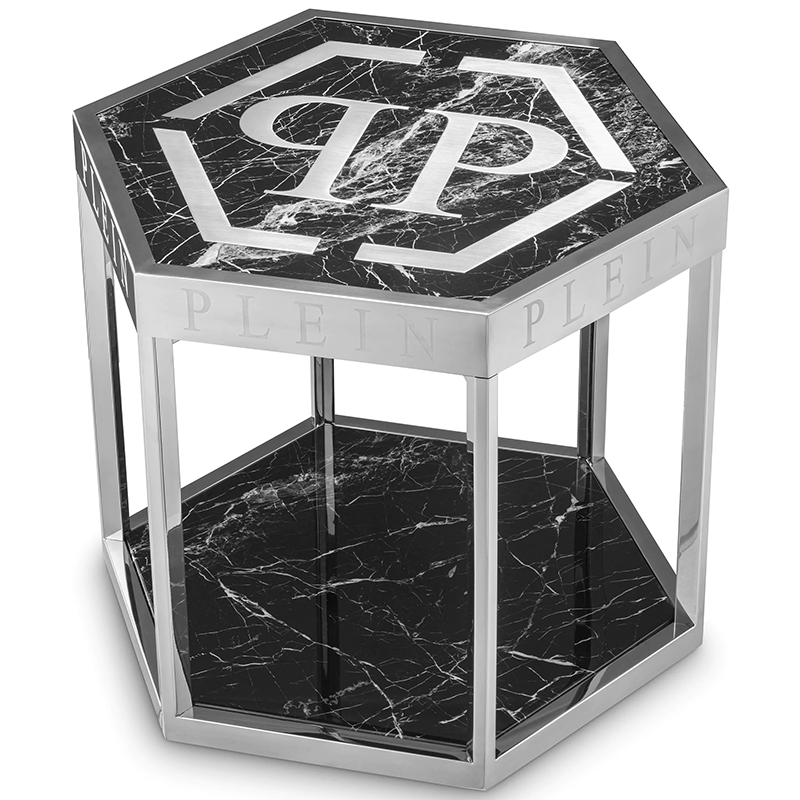 Приставной стол Philipp Plein Side Table Billionaire Chrome Хром Черный Мрамор Nero в Омске | Loft Concept 