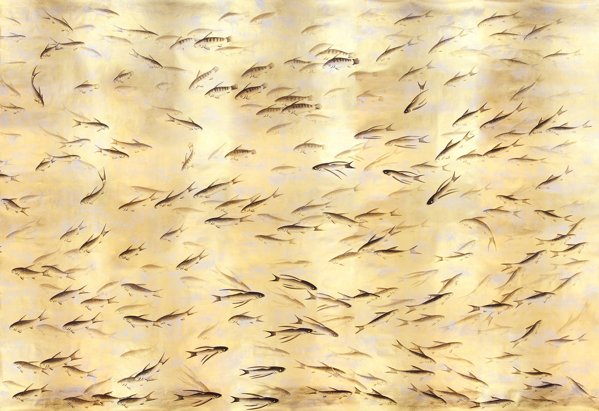 Обои ручная роспись Fishes Original colourway on Deep Rich Gold gilded paper with d?sargenter pearlescent antiquing Обои ручная роспись Fishes Original colourway on Deep Rich Gold gilded paper with d?sargenter pearlescent antiquing - постер Loft-Concept в Омске