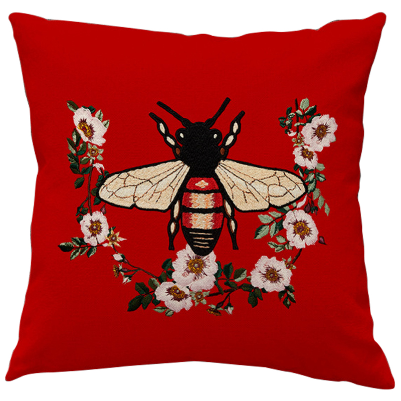 Декоративная подушка Стиль Gucci Bee Red Красный Бежевый Черный в Омске | Loft Concept 