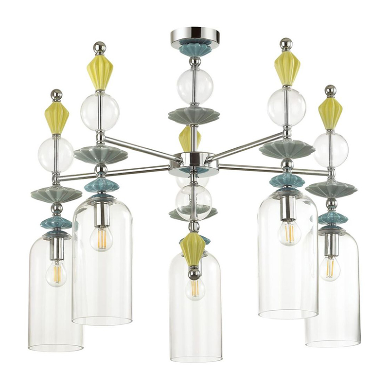 Люстра Iris Glass Chandelier candy 5 chrome Прозрачное Стекло Прозрачный зеленый Желтый Хром в Омске | Loft Concept 