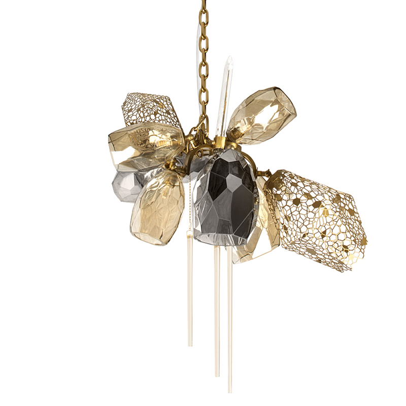 Люстра подвесная со стеклянными плафонами из дымчатого и золотистого с тремя вертикальными подвесками Gilded Mirage  Дымчатый (Smoke) Золотой Прозрачный в Омске | Loft Concept 