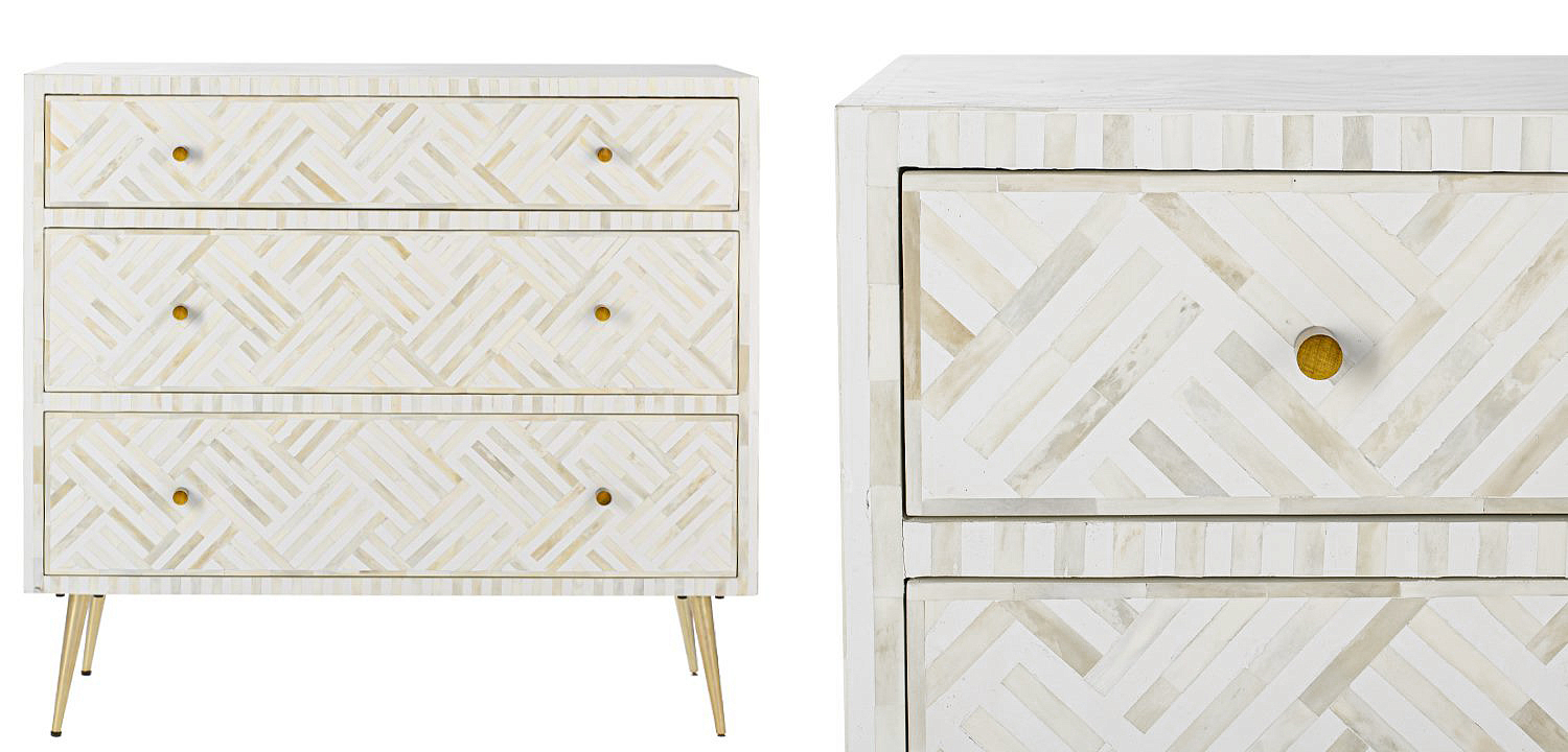 Комод инкрустация костью White Indian Bone Inlay 3 drawer Белый Комод инкрустация костью White Indian Bone Inlay 3 drawer Белый - Loft-Concept в Омске