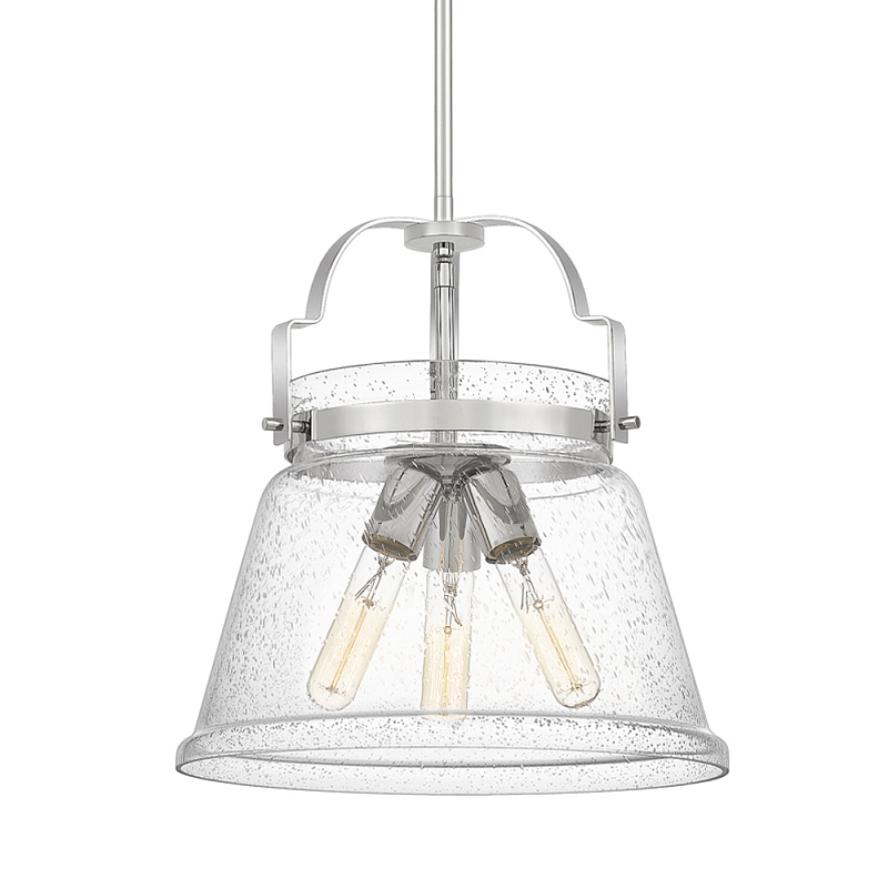 Подвесной светильник с прозрачным стеклянным плафоном в форме колокола с эффектом пузырьков и тремя лампами Quoizel Хром Латунь Прозрачное Стекло в Омске | Loft Concept 