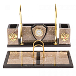 Настольный письменный набор из бежевого мрамора с часами и гербом Marble Accessory варинант исполнения - 1 | Loft Concept в Омске
