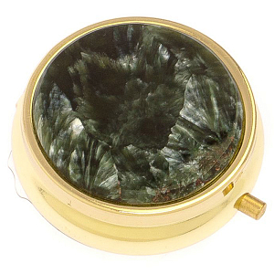 Таблетница карманная круглая с 3-мя отделениями и накладкой из натурального камня Серафинит Gold Stone Pillboxes