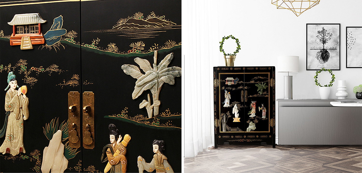 Черный Двухдверный Комод в Китайском стиле с каменным Барельефом Black Chinese Chest of drawers Черный Двухдверный Комод в Китайском стиле с каменным Барельефом Black Chinese Chest of drawers - Loft-Concept в Омске