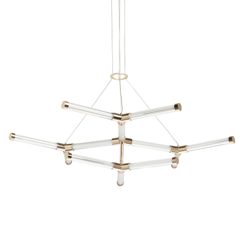 Люстра с геометрической конструкцией из вытянутых цилиндрических плафонов Hex Scaffold  Белый Золотой в Омске | Loft Concept 