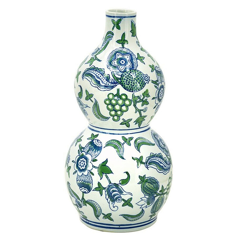 Ваза фигурная с сине-зелеными узорами распустившихся цветов Blossoming Spring Зеленый Белый Синий в Омске | Loft Concept 