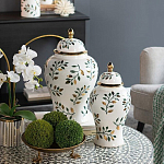 Ваза белая с крышкой с рисунком зеленых и золотых листьев 48 см Chinoiserie Ceramics варинант исполнения - 4 | Loft Concept в Омске