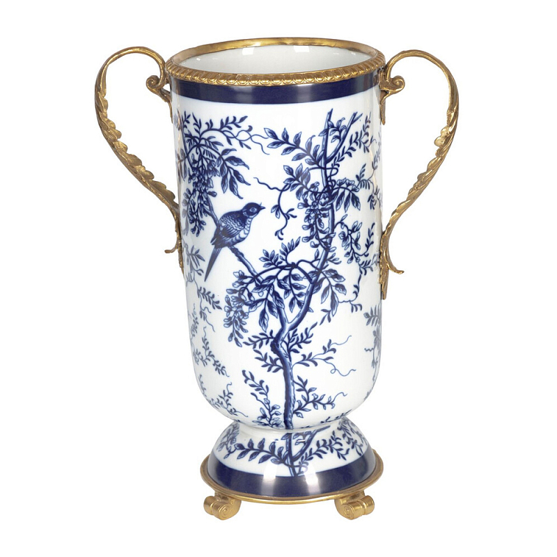 Ваза с бронзовыми ручками и синим цветочным узором Blue & White Ornament Синий Белый Бронза в Омске | Loft Concept 