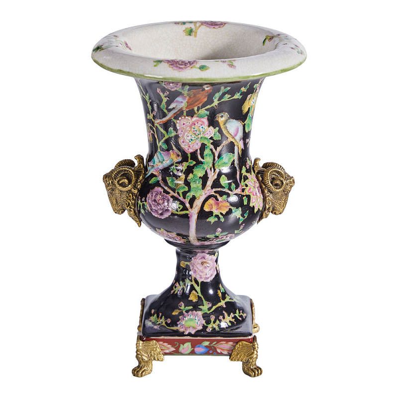 Ваза черная с овнами из фарфора с бронзовыми элементами Bronze Aries Бронза Мульти в Омске | Loft Concept 