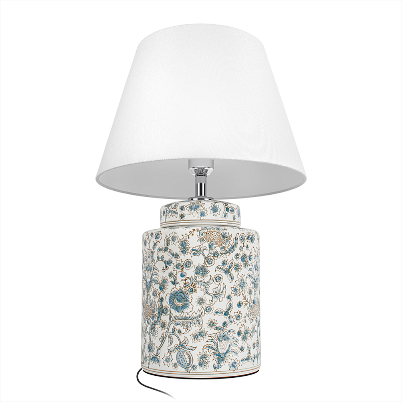 Настольная лампа цилиндрическая с цветочной росписью Lamp Flower Painting Белый Синий в Омске | Loft Concept 