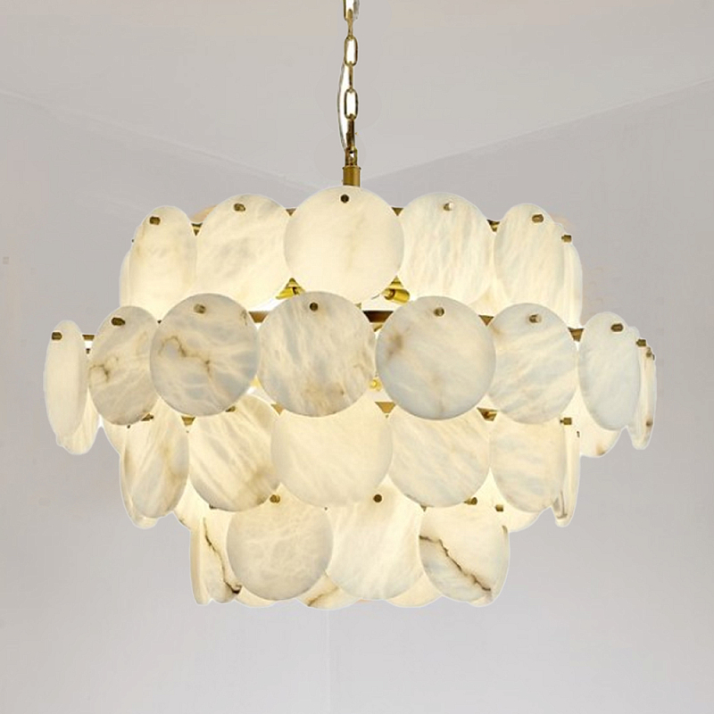 Люстра четырехъярусная с подвесками в форме дисков Cryptocrystalline Stone Латунь Белый в Омске | Loft Concept 