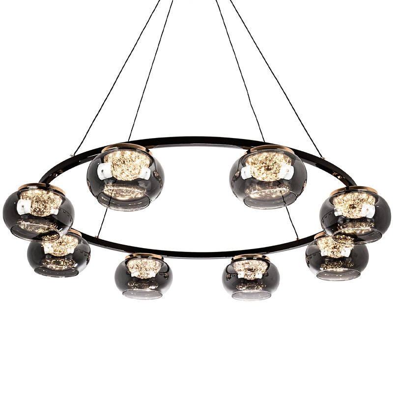 Люстра с круглыми плафонами из дымчато-серого стекла IONA Grey Glass Chandelier 8 Черный Глянцевое золото Дымчатый (Smoke) Люстра с круглыми плафонами из дымчато-серого стекла IONA Grey Glass Chandelier 8 Черный Глянцевое золото Дымчатый (Smoke) в Омске | Loft Concept