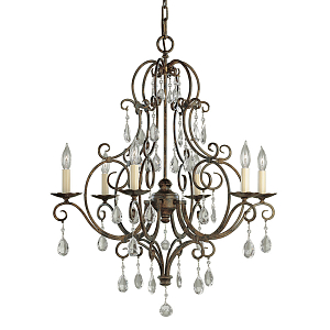 Люстра бронзового цвета с 6-ю лампами и подвесками из оптического стекла в классическом стиле Feiss