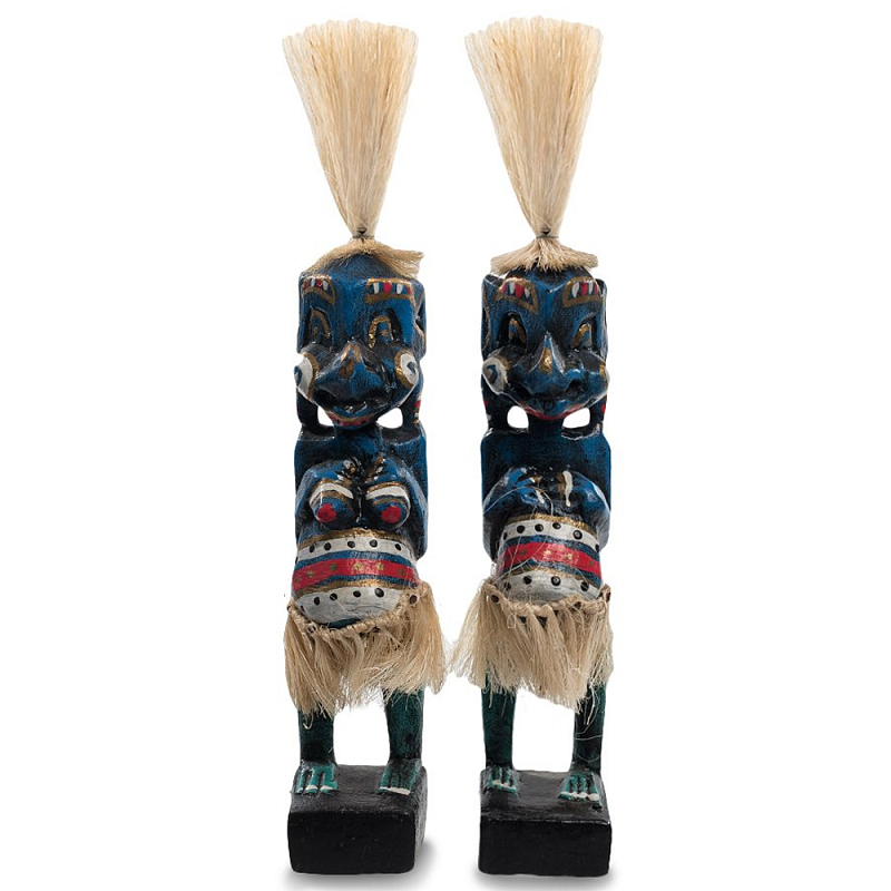 Комплект из 2-х деревянных статуэток Asmat Straw Headdress Statuettes Blue Colorful Tattoo Синий Черный Бежевый Красный Бирюзовый Мульти в Омске | Loft Concept 