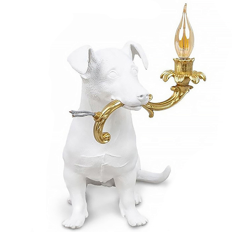 Настольная лампа в виде щенка Puppy White Table Lamp Белый Золотой в Омске | Loft Concept 