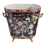 Кашпо из фарфора черная с цветочной росписью и бронзовой стрекозой Spring Garden варинант исполнения - 1 | Loft Concept в Омске