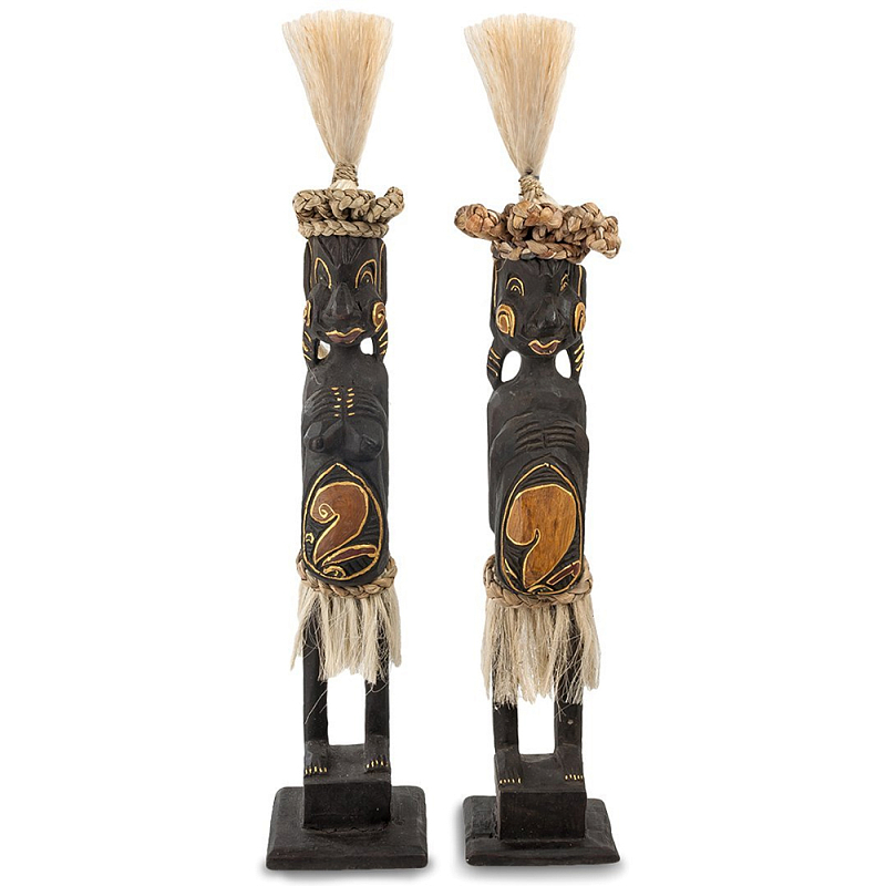 Комплект из 2-х статуэток из массива албезии Asmat Statuettes Albesia Черный Коричневый Бежевый в Омске | Loft Concept 