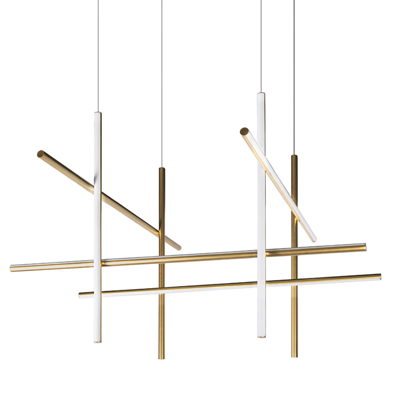 Люстра с 8-ю пересекающимися цилиндрическими плафонами на тонких тросах Trumpet tube Белый матовое золото в Омске | Loft Concept 